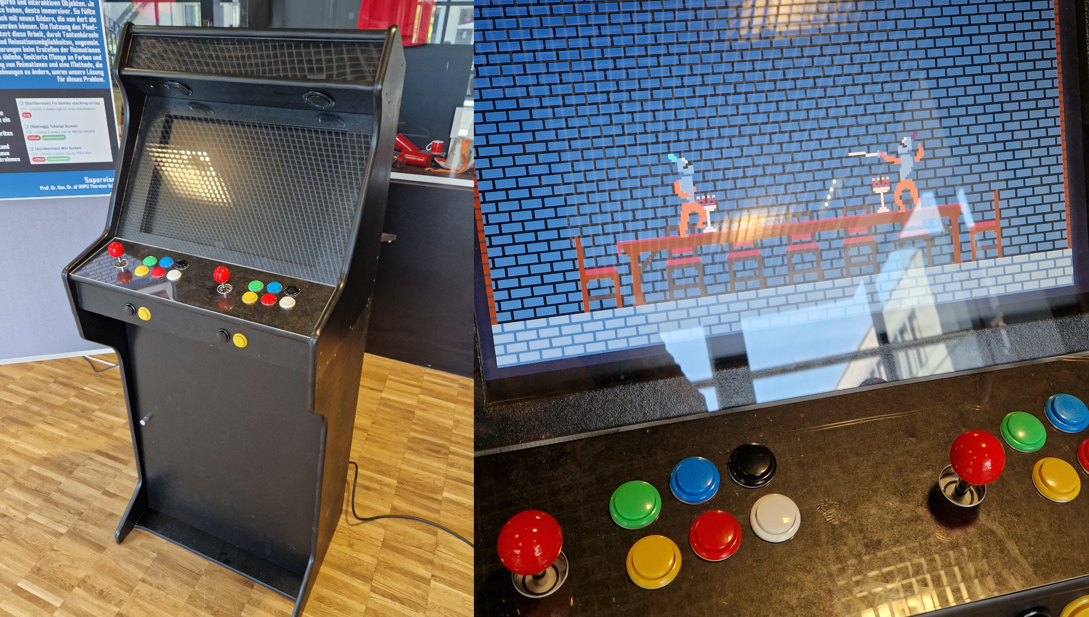 Das Spiel lief auf einem eigens gebauten Retro-Automaten mit Joysticks und Arcade-Tasten.