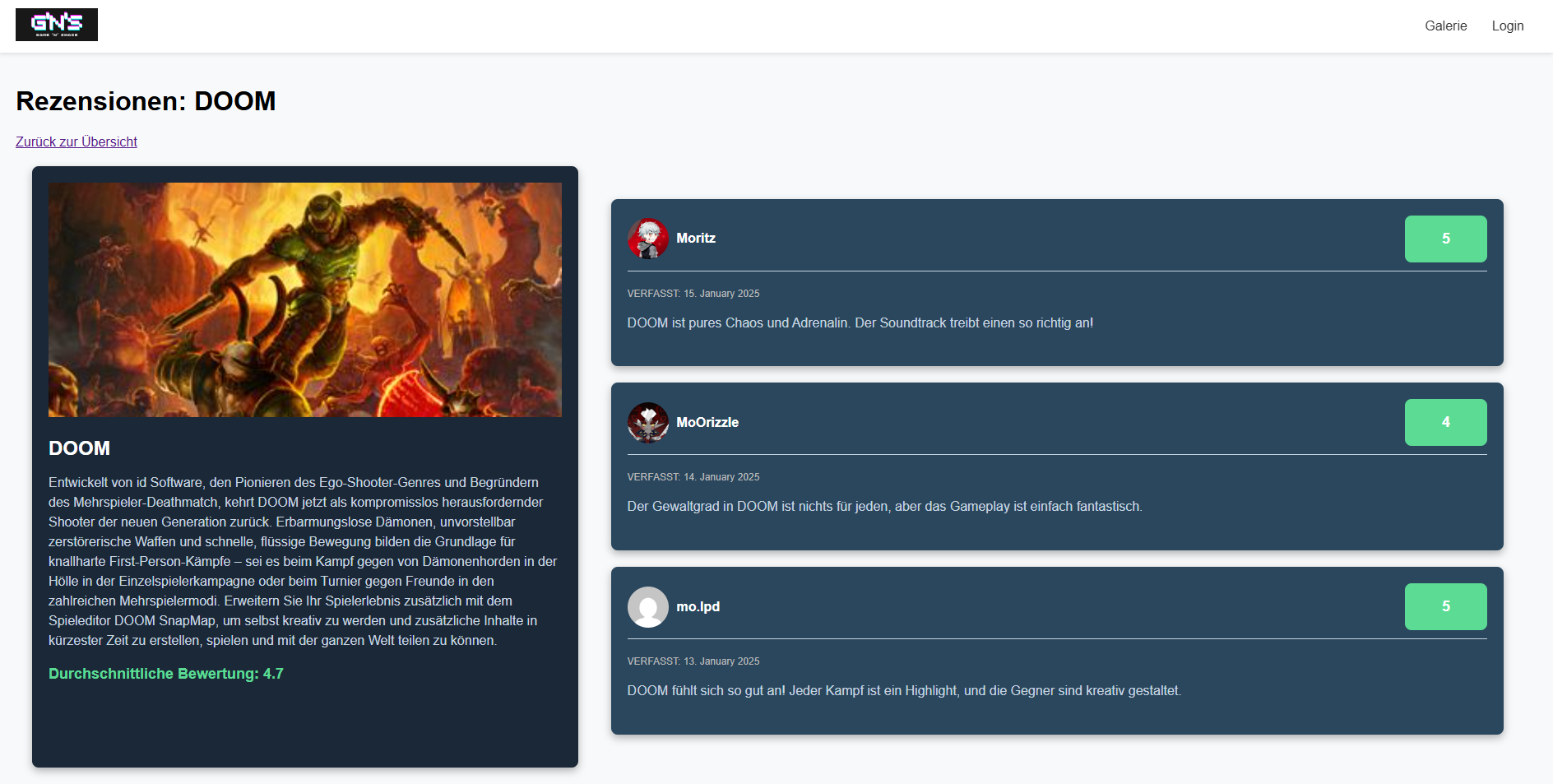 Game detail page with embedded reviews and user avatars.