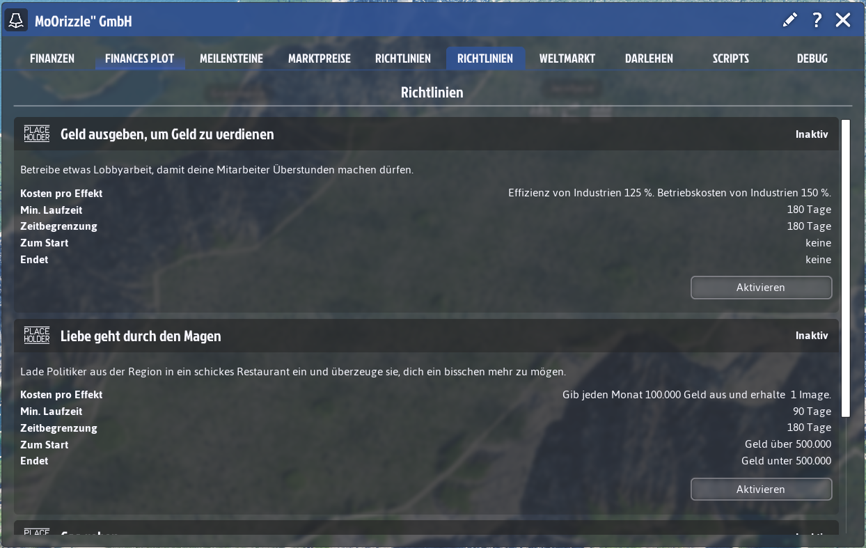 Players can select company values that influence bonuses and long-term strategies.