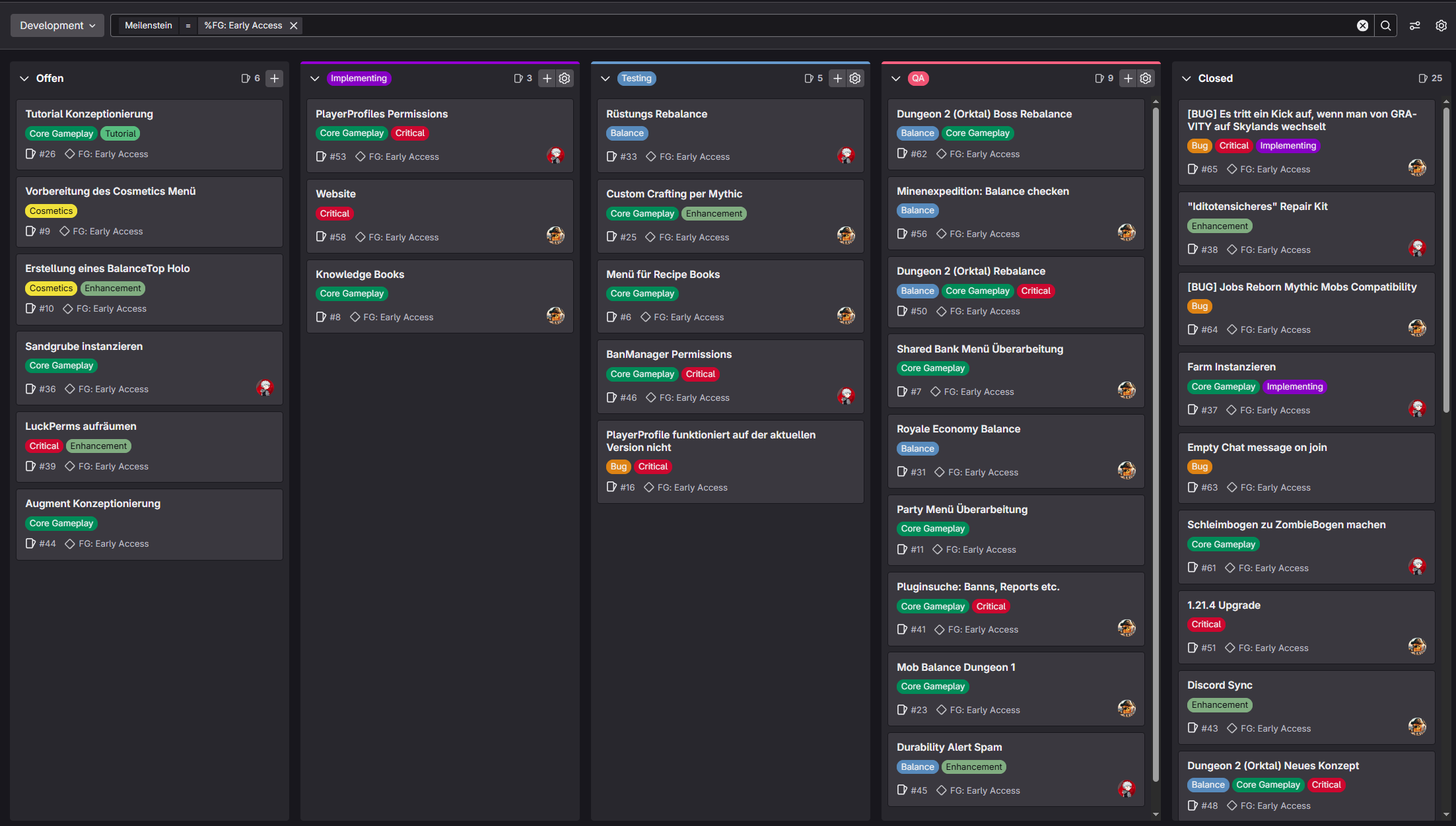 GitLab Ticketboard: Kanban‑Workflow für „Core Gameplay“, „Implementing“, „Testing“, „QA“ und „Closed“.